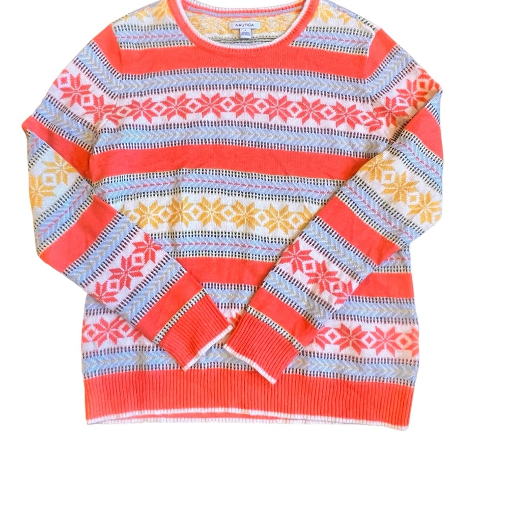 Nautica Women's Colorful Snowflake Striped Sweater
